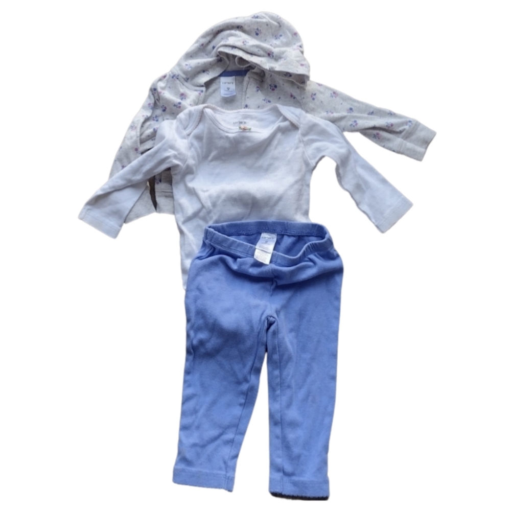 X) Carter’s Baby Girl Outfit 9M 3 Piece Set Hoodie Bodysuit Pants Purple White